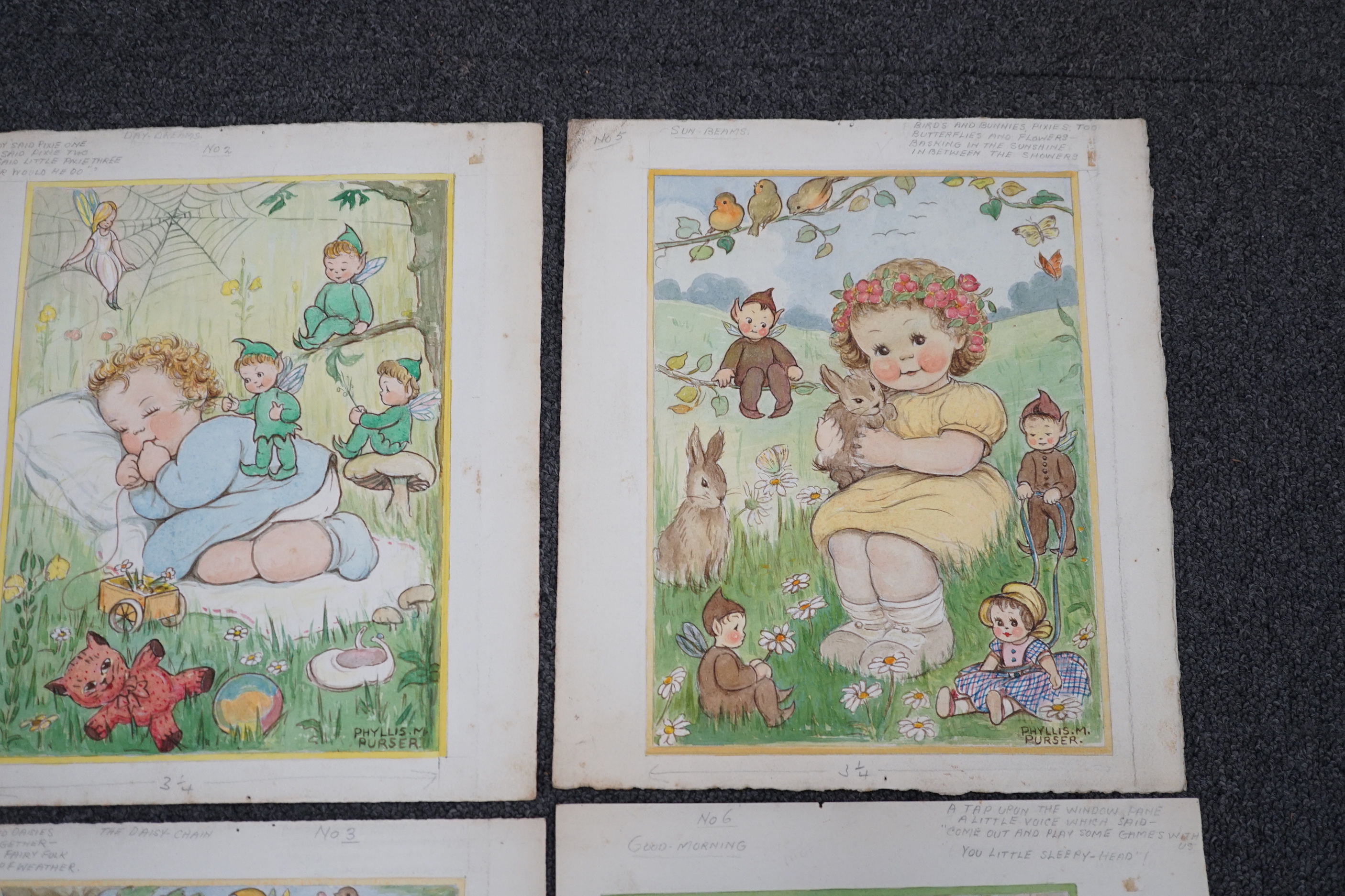 Phyllis Purser (1893-1990), set of six watercolour postcard designs, Humorous Children with Pixies, signed, 26 x 19cm, unframed.
